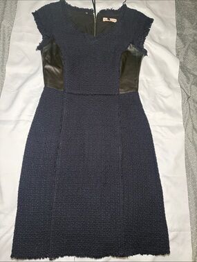 Rebecca Taylor Navy Tweed Midi Dress with Black Faux Leather Panels